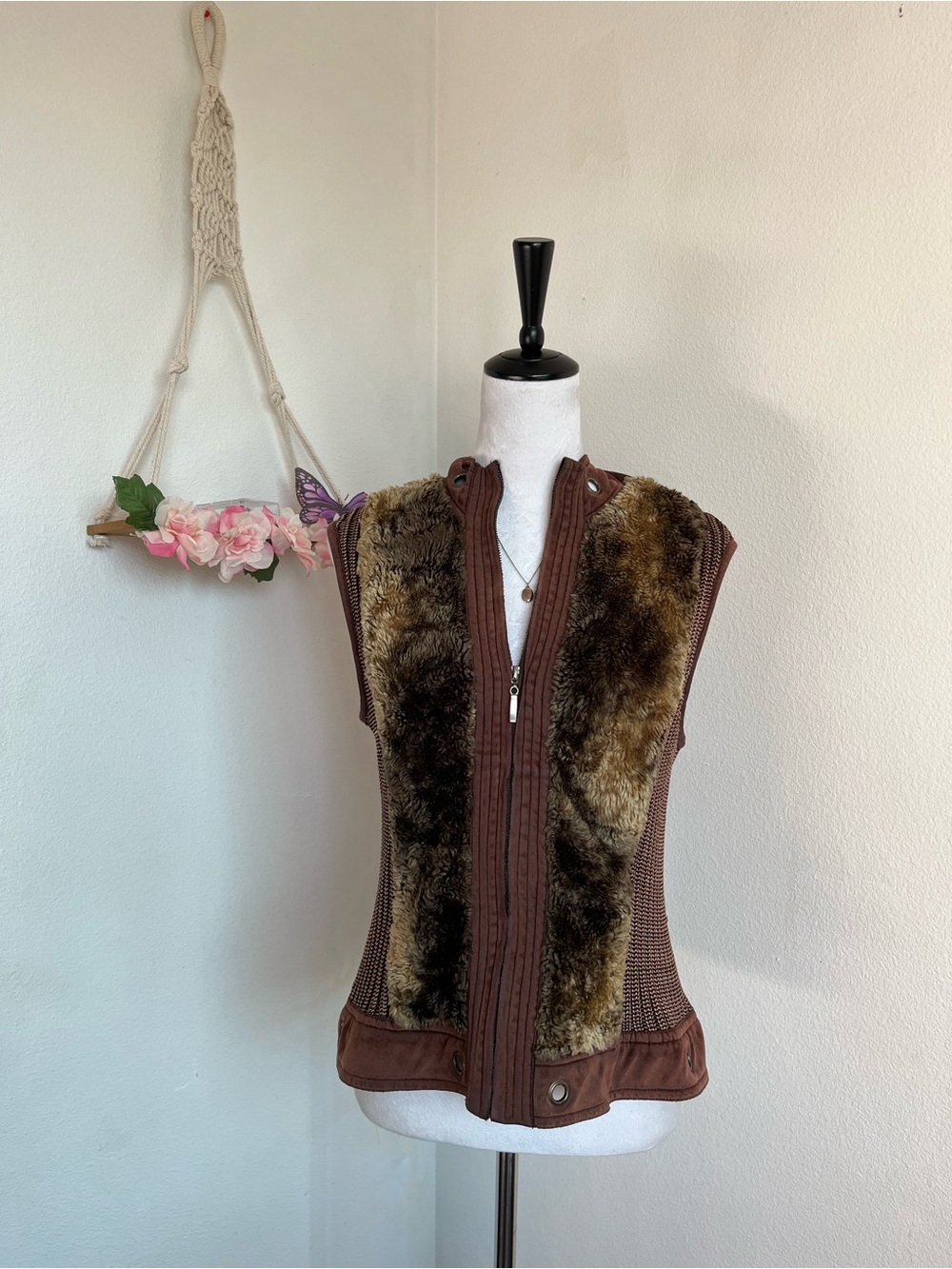 Brown Faux Fur Knit Zip-Front Vest